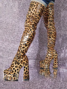 Sexy Thigh High Boots Leopard Platform High Heel Over The Knee Boots