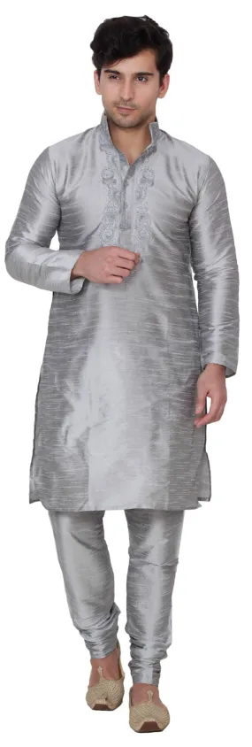 Silk Embroidered Mens Kurta Pajama India Clothing (Grey)