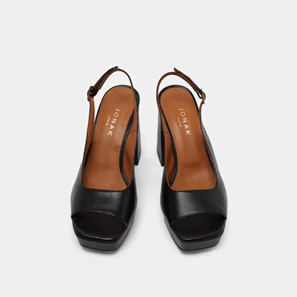 Square toe pumps with high heels in black leather