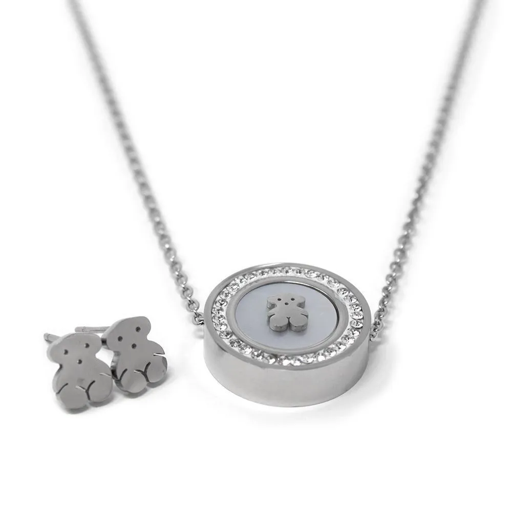 Stainless Steel MOP Bear with CZ Pave Necklace Earrings Set