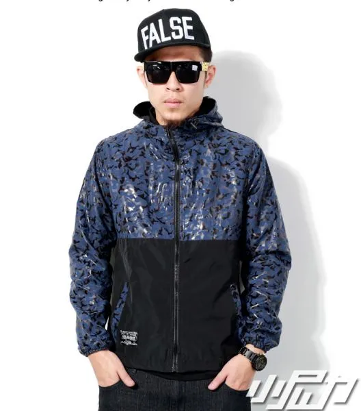 Windsheeter Jacket for Men with Hood Half Camouflage Print - Grey Blue