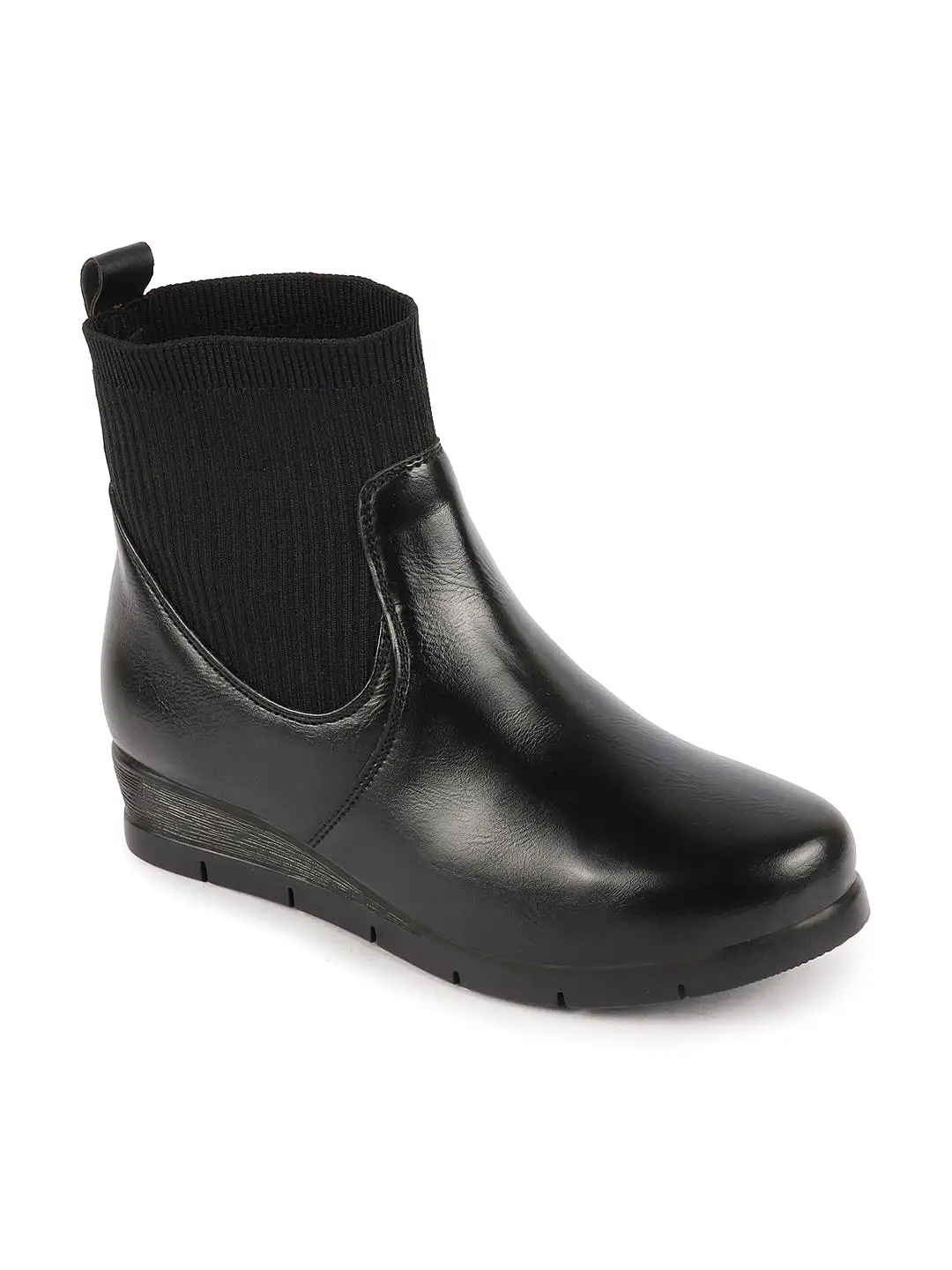 Women Black Mid Top Socks Collar Slip On Broad Feet Wedge Heel Work Boots