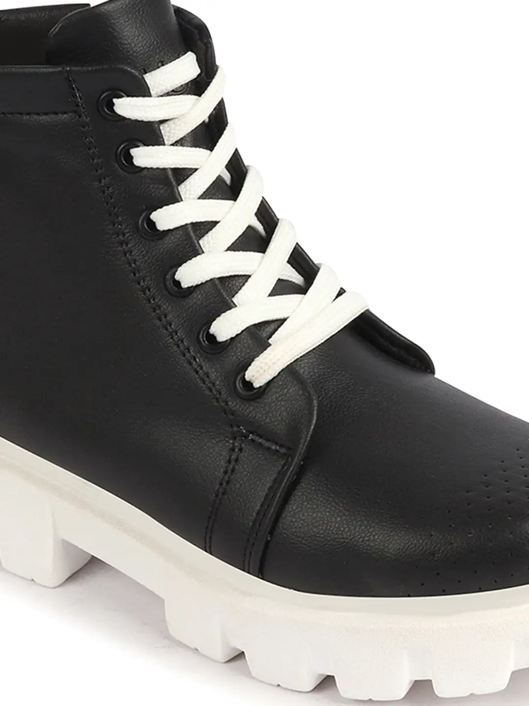 Women Black Outdoor Winter High Top Chunky Lace Up Casual Boots