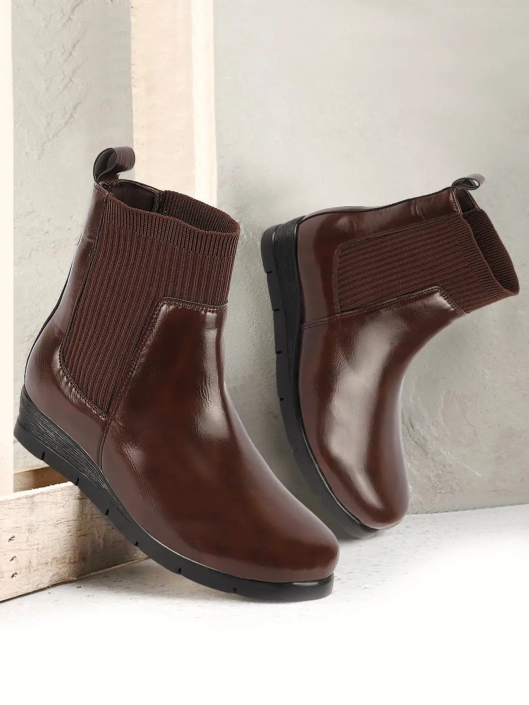 Women Brown Mid Top Socks Collar Broad Feet Slip On Wedge Heel Chelsea Boots