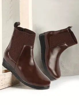 Women Brown Mid Top Socks Collar Broad Feet Slip On Wedge Heel Chelsea Boots