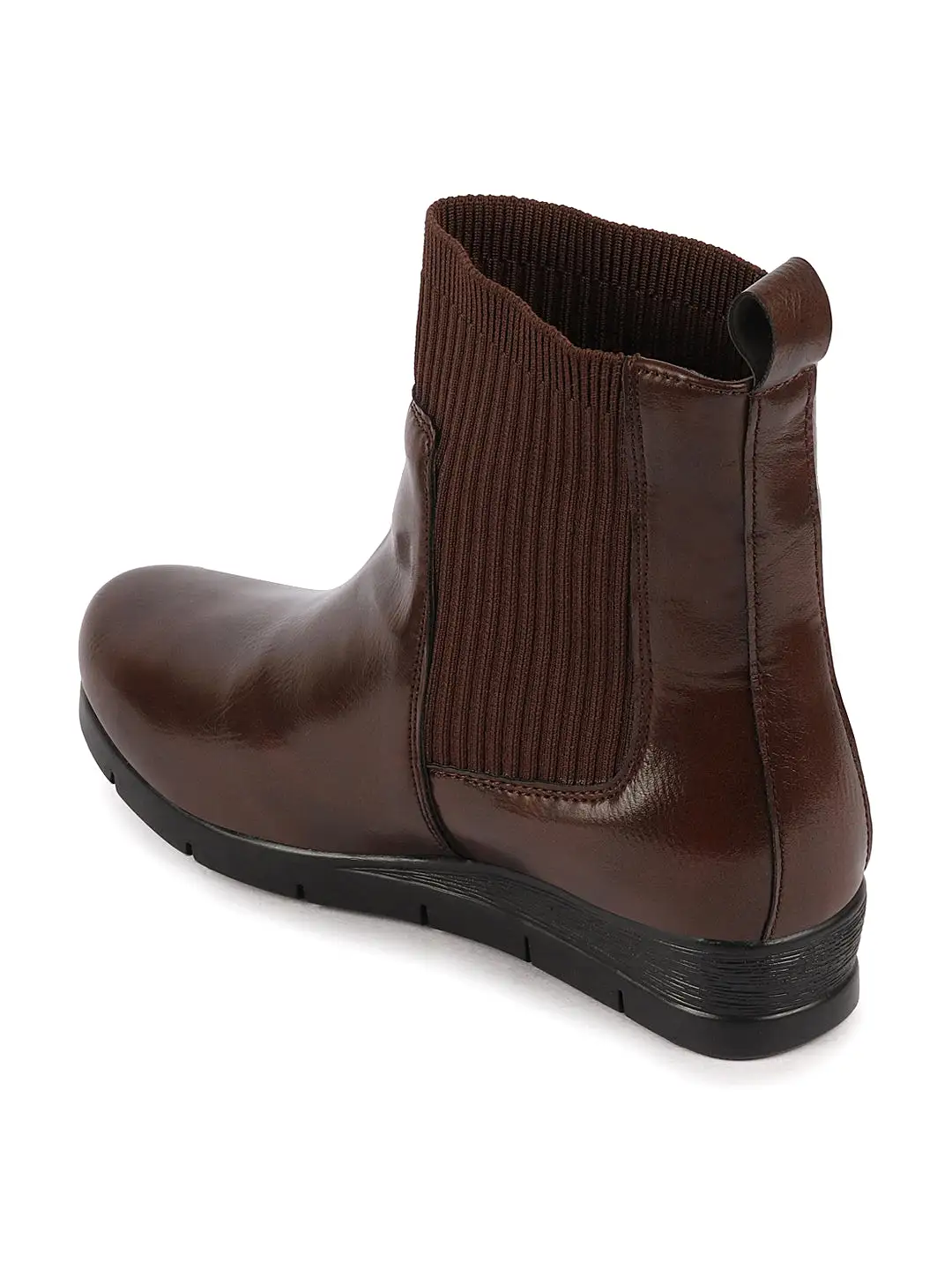 Women Brown Mid Top Socks Collar Broad Feet Slip On Wedge Heel Chelsea Boots