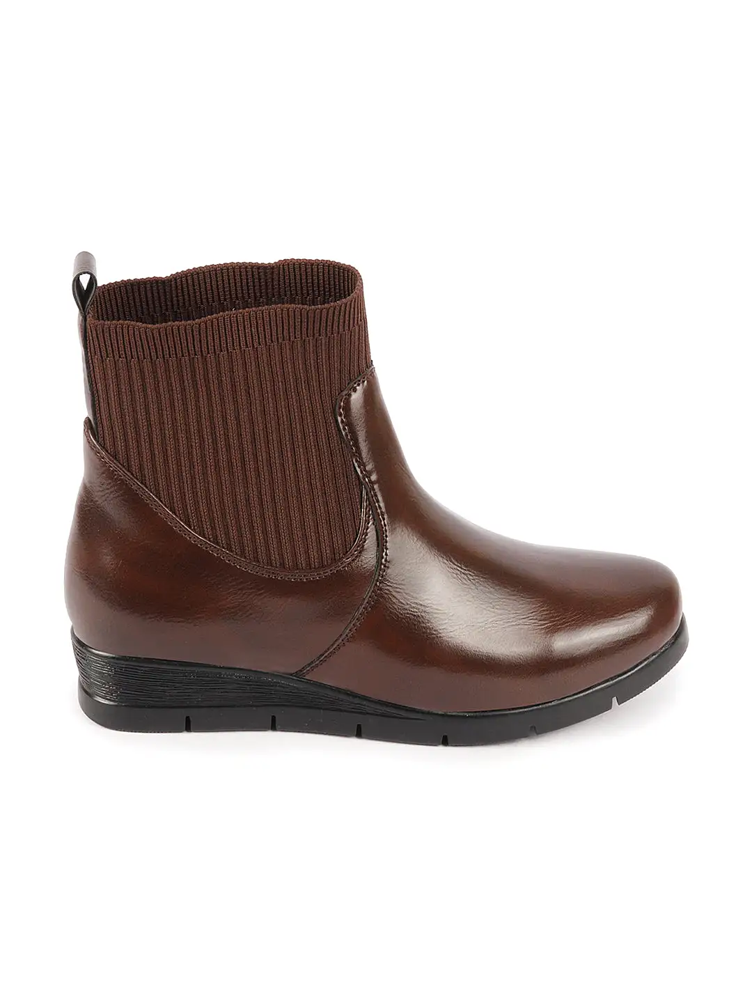 Women Brown Mid Top Socks Collar Slip On Broad Feet Wedge Heel Work Boots