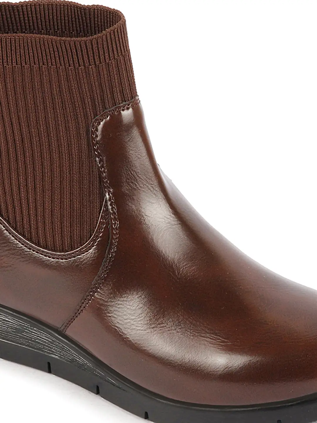 Women Brown Mid Top Socks Collar Slip On Broad Feet Wedge Heel Work Boots