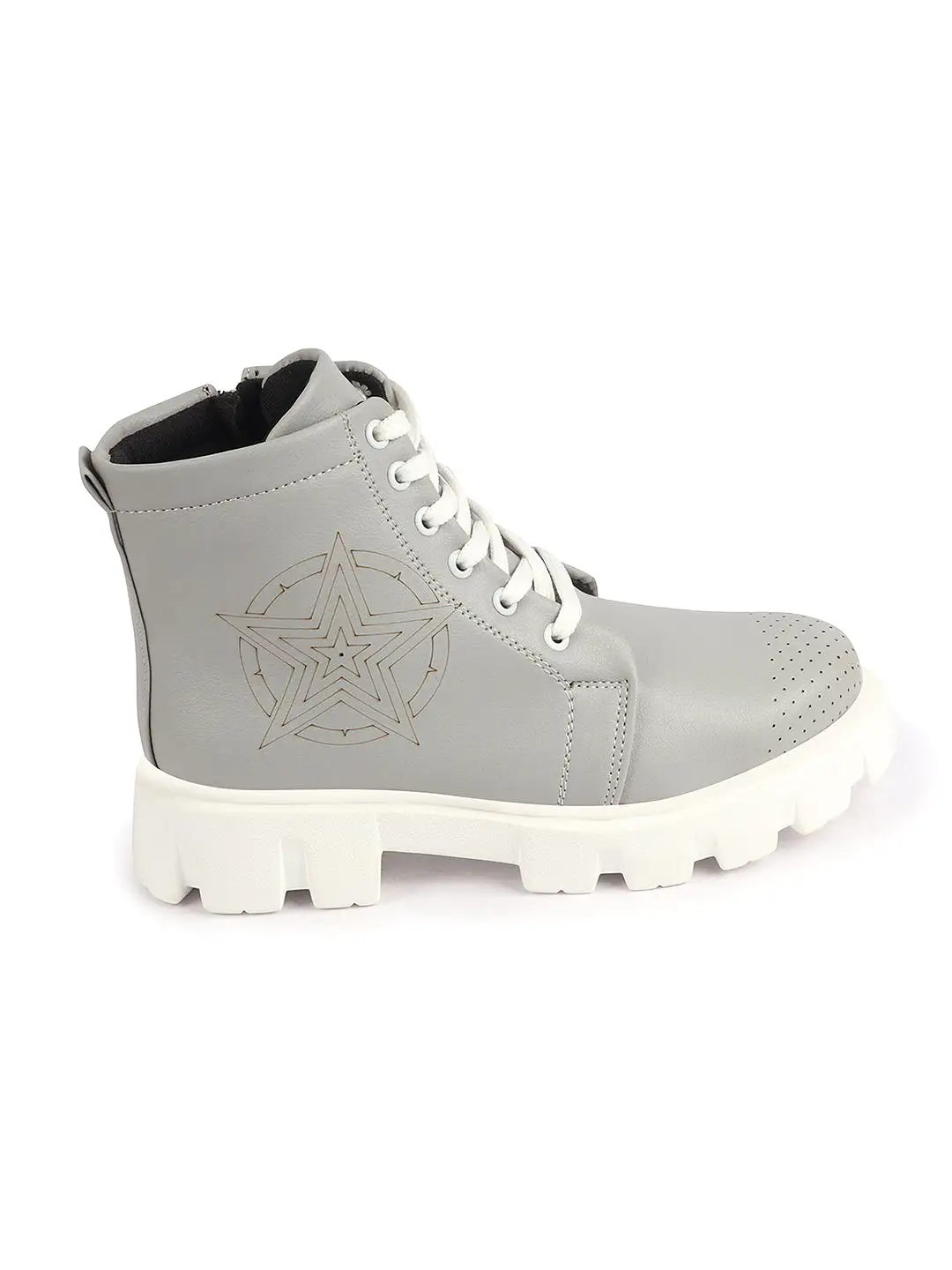 Women Grey Outdoor Winter High Top Chunky Lace Up Casual Boots