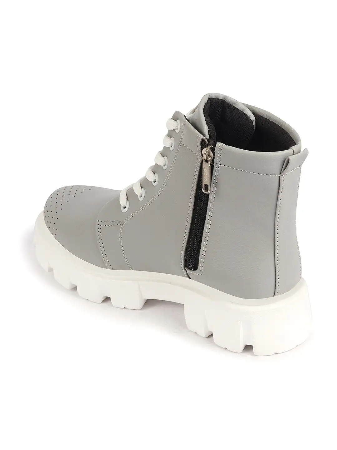 Women Grey Outdoor Winter High Top Chunky Lace Up Casual Boots