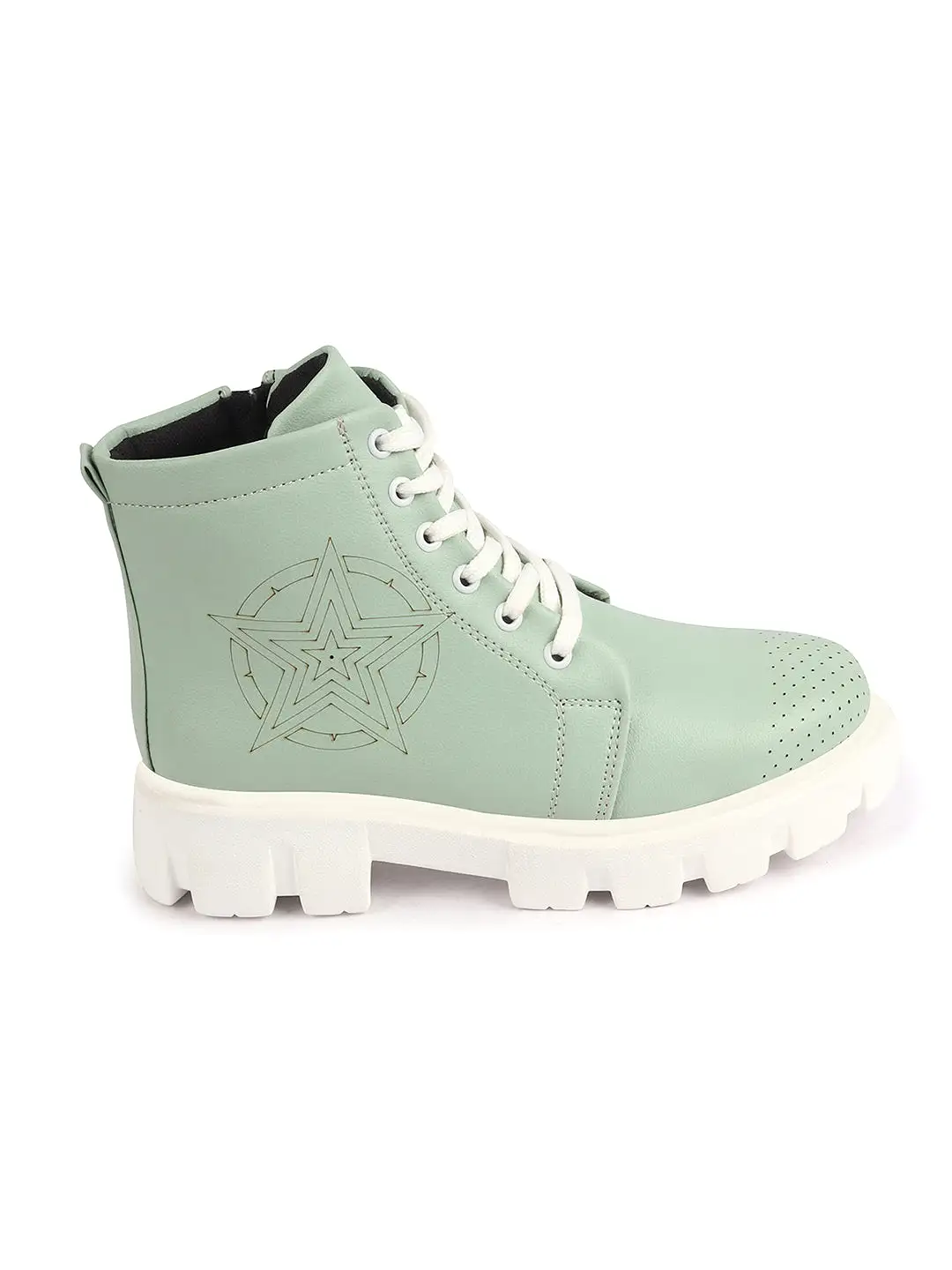 Women Pista Green Outdoor Winter High Top Chunky Lace Up Casual Boots