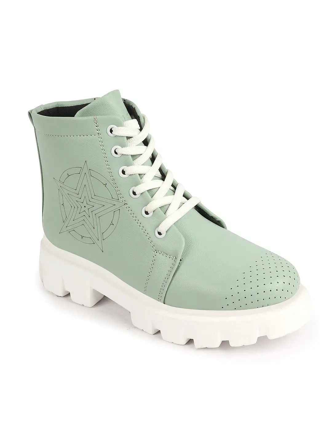 Women Pista Green Outdoor Winter High Top Chunky Lace Up Casual Boots