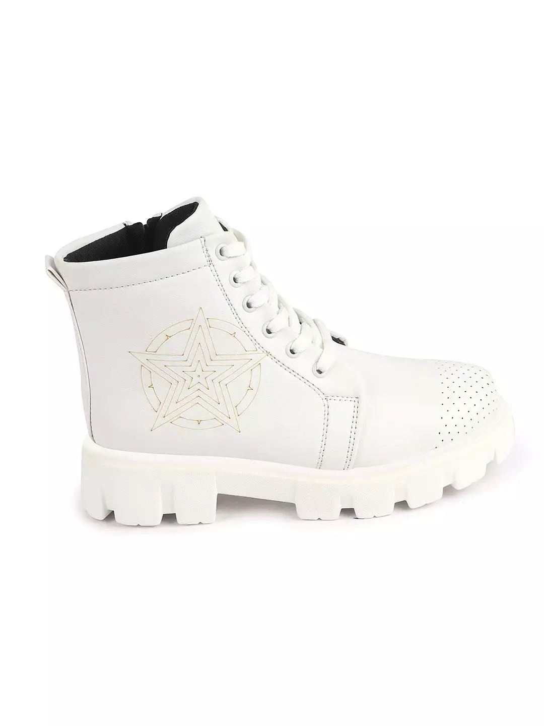 Women White Outdoor Winter High Top Chunky Lace Up Casual Boots