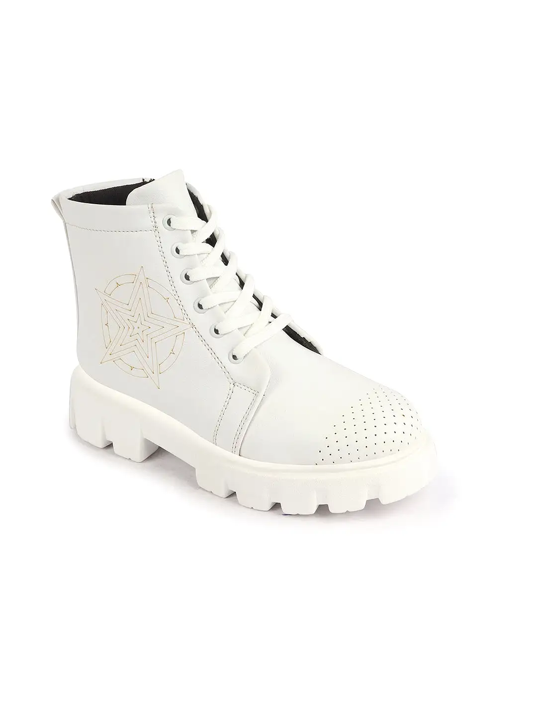 Women White Outdoor Winter High Top Chunky Lace Up Casual Boots