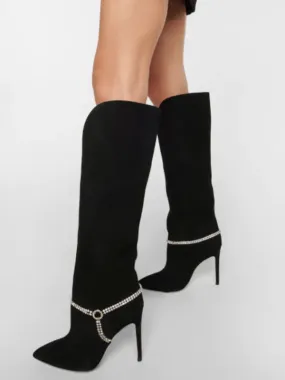 Women's Wide Calf Boots Suede Black Heel Knee High Boots